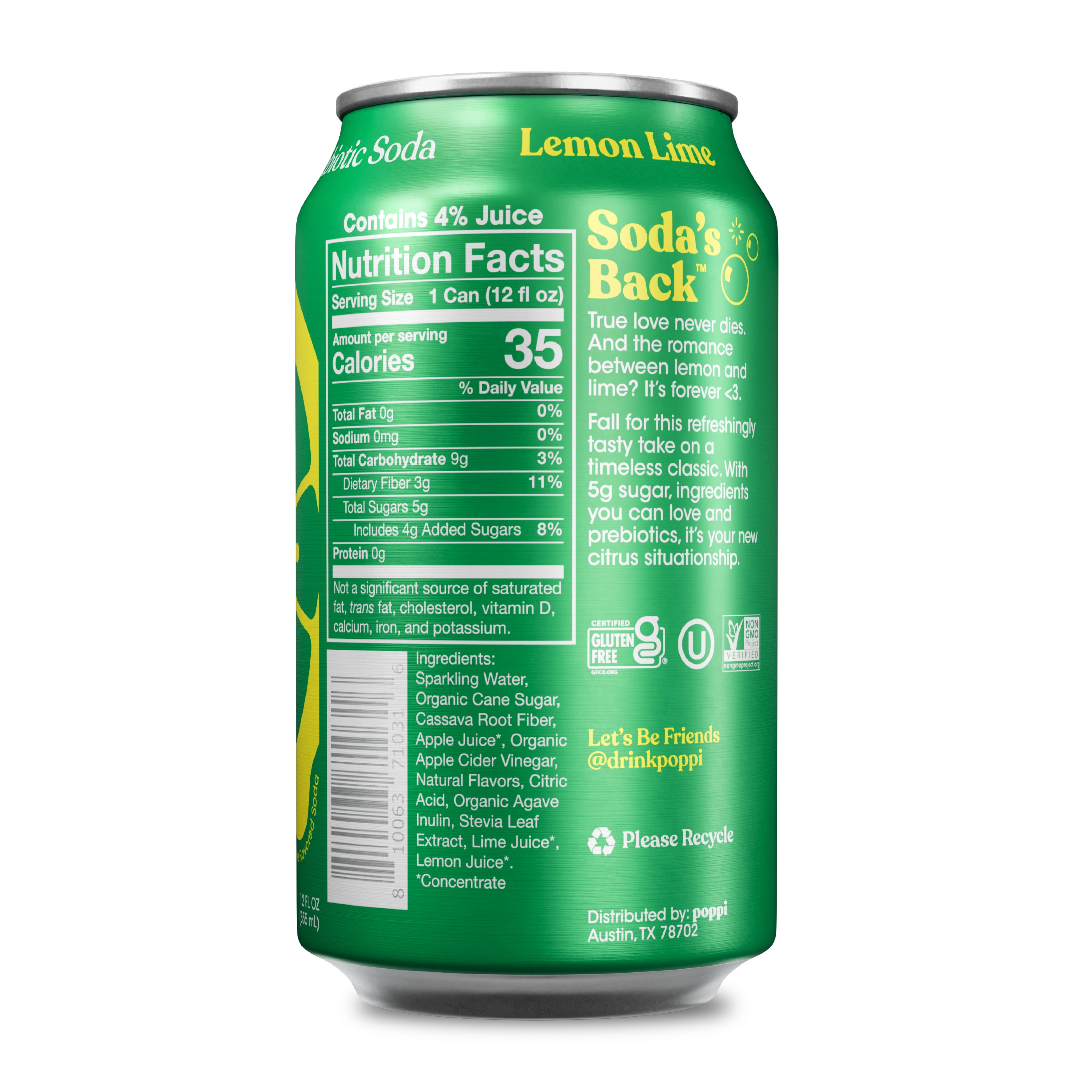 (12 pack) Poppi Lemon Lime Prebiotic Soda, 12 oz, 12 Pack Cans