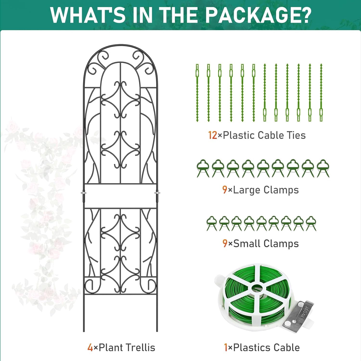 4-Pack 59-Inch Metal Garden Trellis for Climbing Plants, Large Decorative Outdoor Support for Vegetable Flower Rose Vine Cucumber, Black