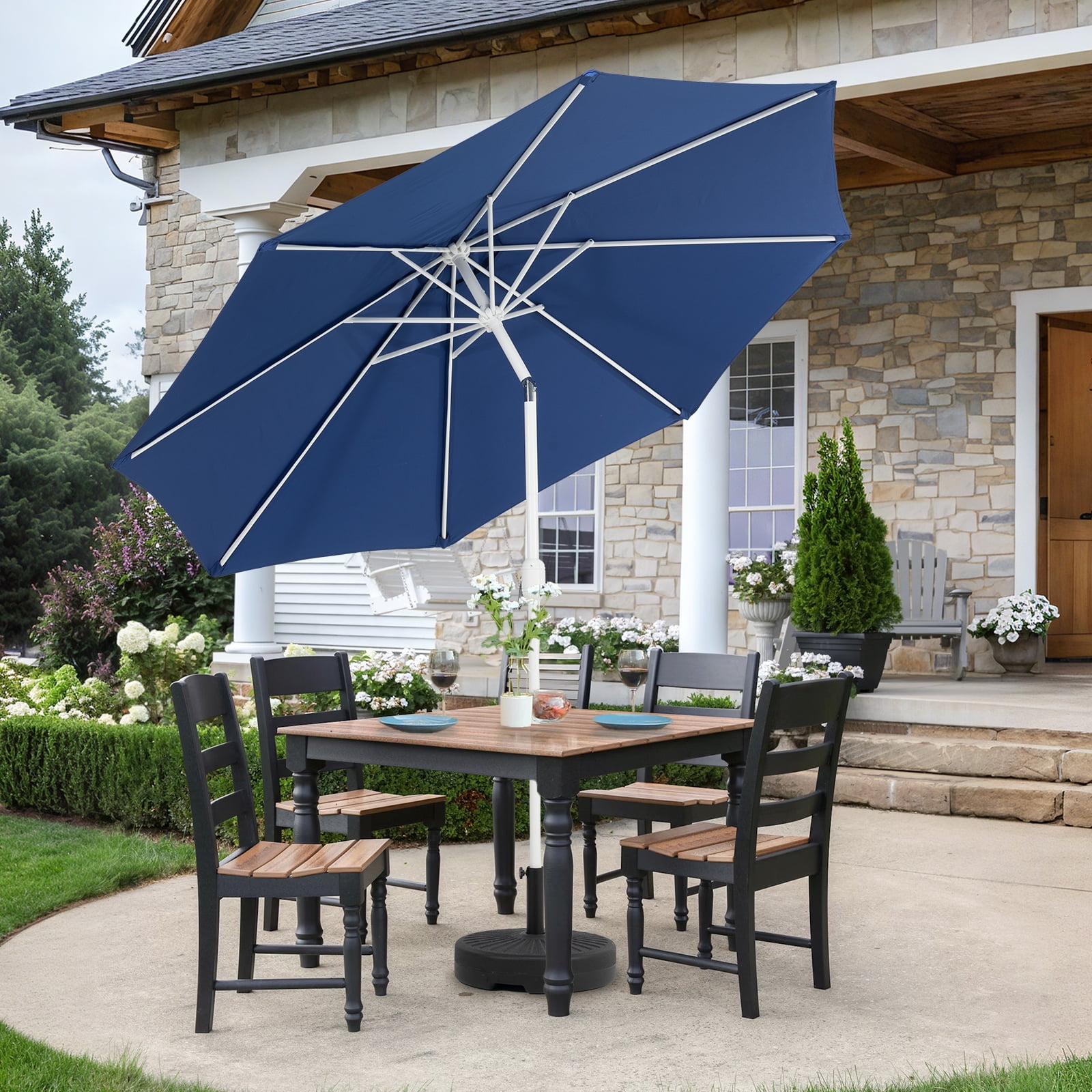 Aoodor 9FT Outdoor Patio Umbrella with 8 Steel Ribs and Push Button Tilt Crank, UV Protection, Dark Blue