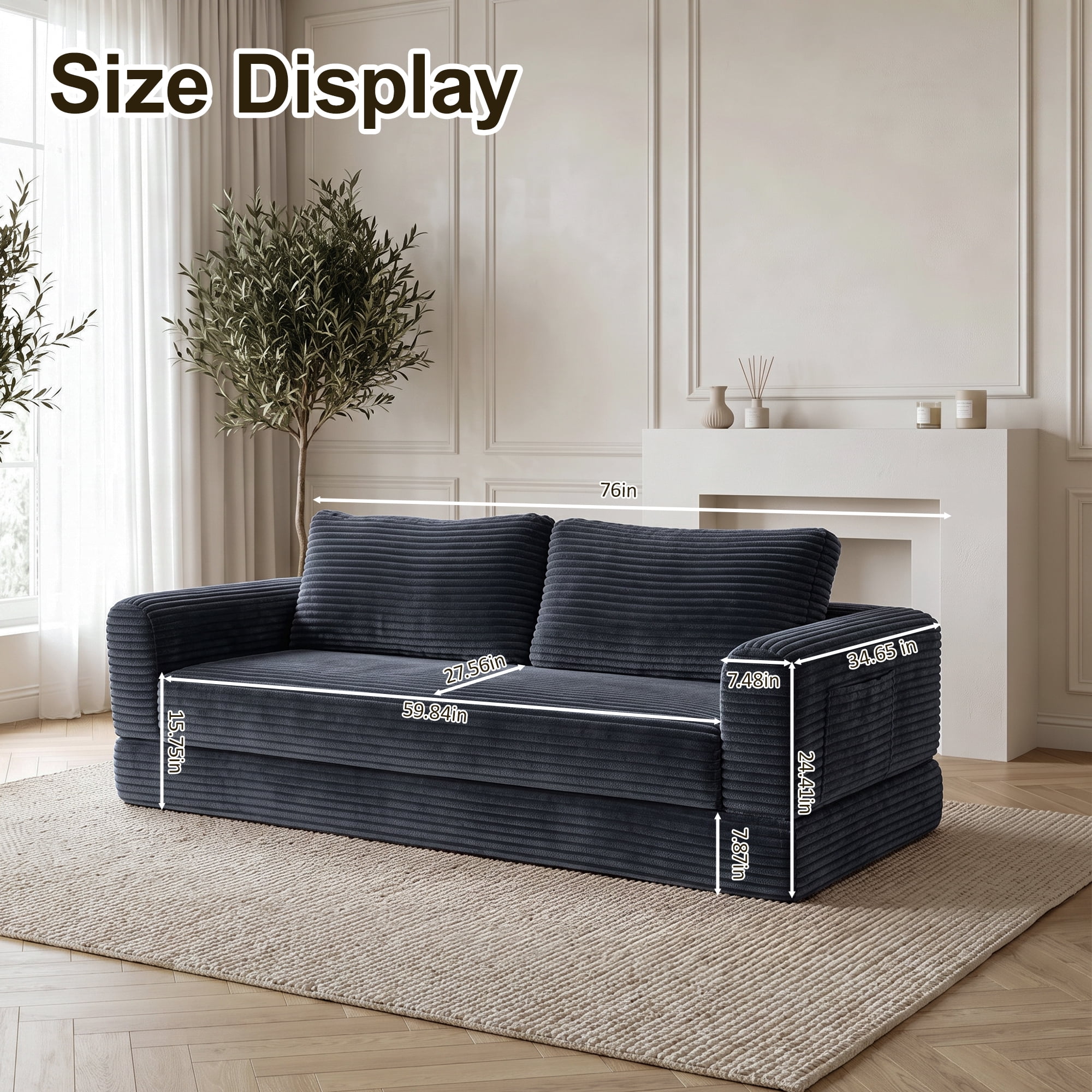76" Convertible Futon Sofa Bed,Folding Boneless Floor Couch with Deep Seat,Cloud Corduroy Fold Out Sleeper Sofa with Memory Foam Cushion for Living Room,Bedroom,Dark Gray