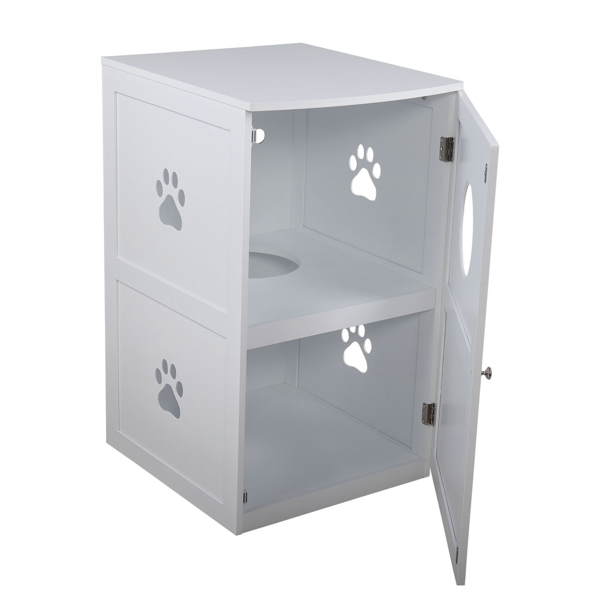 a Round Entrance and Openable Door 2-Tier Functional Wood Cat Washroom Litter Box Cover with Multiple Vents