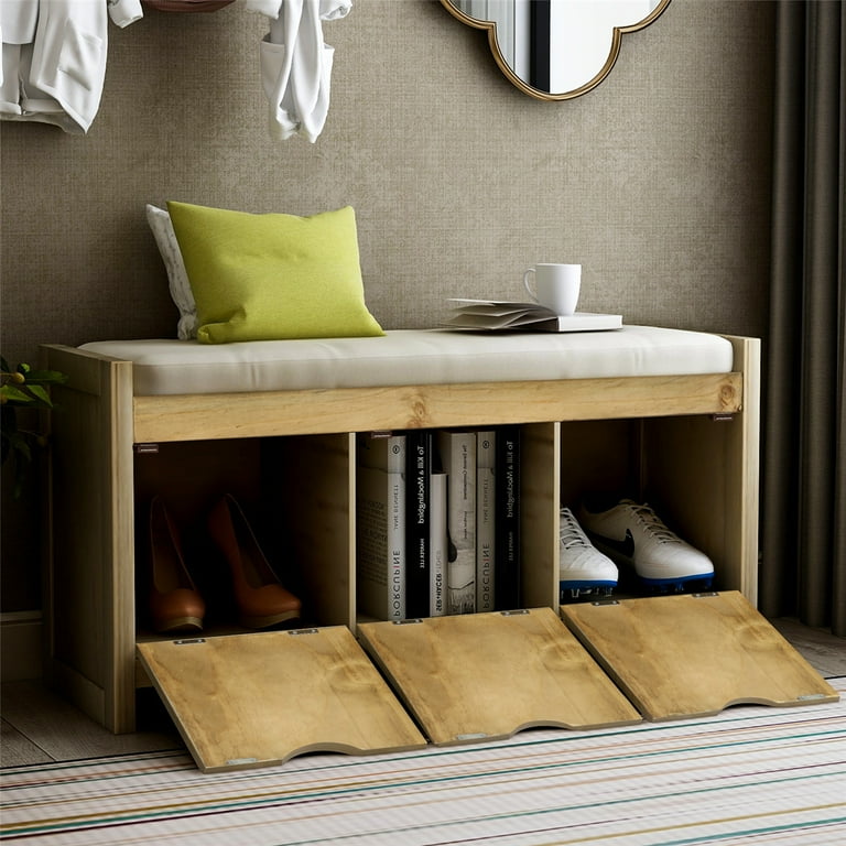 Bench with Flip Lock Storage Cubbies Ottoman with Removable Soft Cushion for Bedroom Entryway Living Room Gray Wash