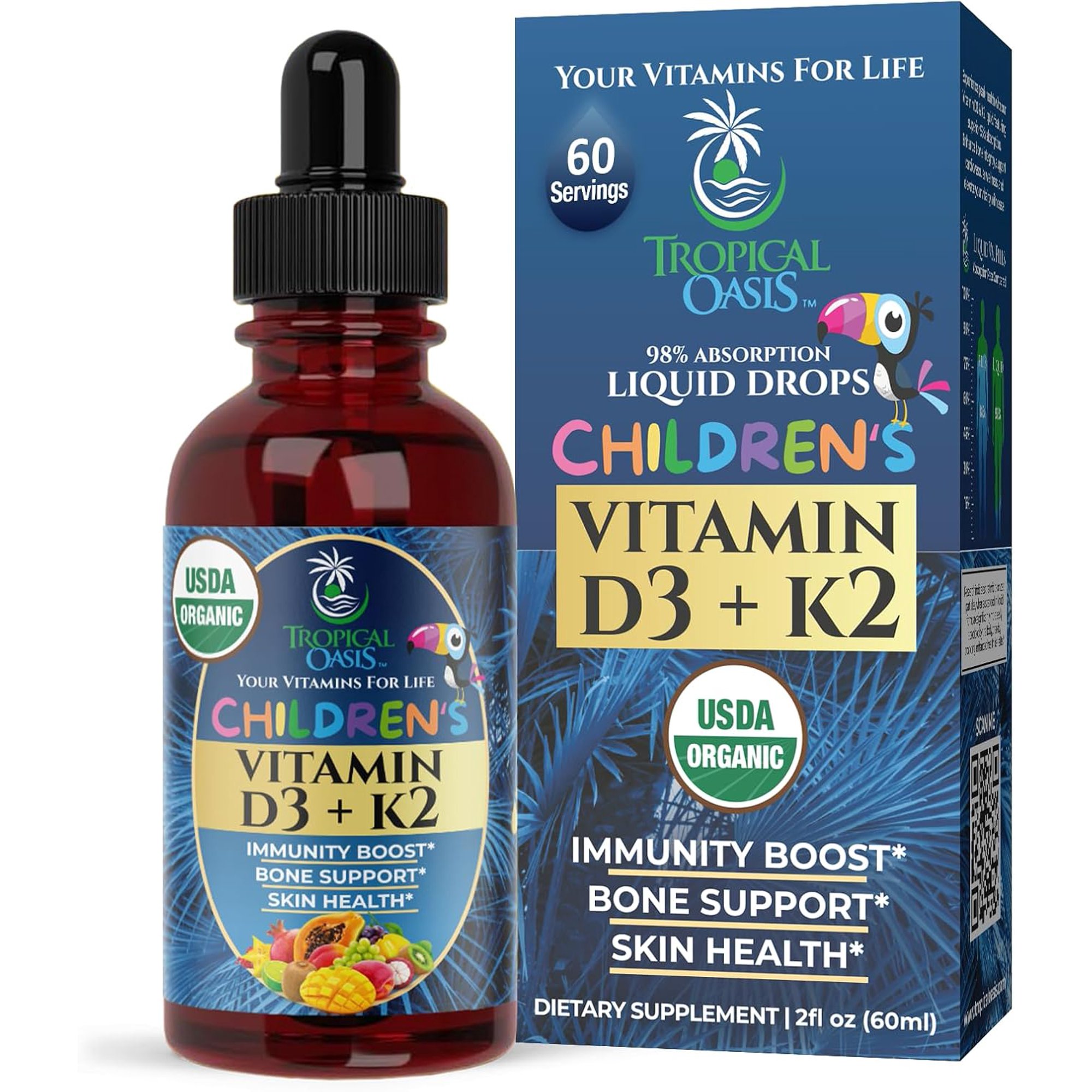 Tropical Oasis Liquid Vitamin Supplement, D3 + K2 Drops for Kids, Immunity Boost, Bone Support and Skin Health, Tropical Fruit, 2 fl oz, 60 Servings