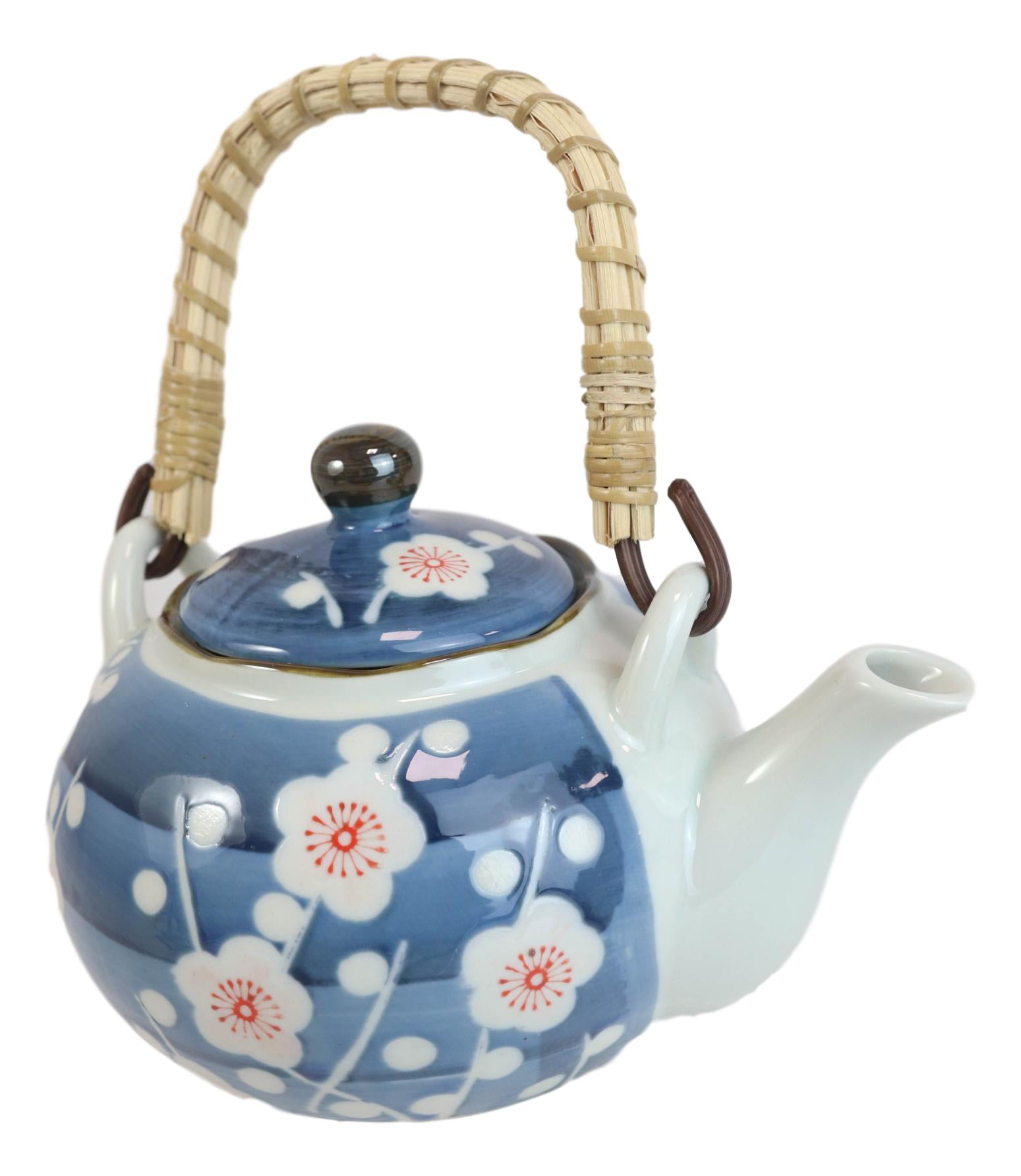 Glazed Porcelain Japanese Sakura Cherry Blossom Tea Set 27 fl oz Teapot with Rattan Handle and Four 5 fl oz Tea Cups Happy Sales HSTCN-CBBLK Black 