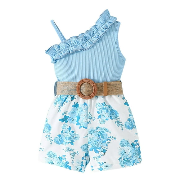 LUOGENLI Dress Toddler Girls Summer Ruffles Sleeveless Floral Prints Ribbed Dress Clothes Dress for Girls Midi Length Jean Blue 9-12 Months