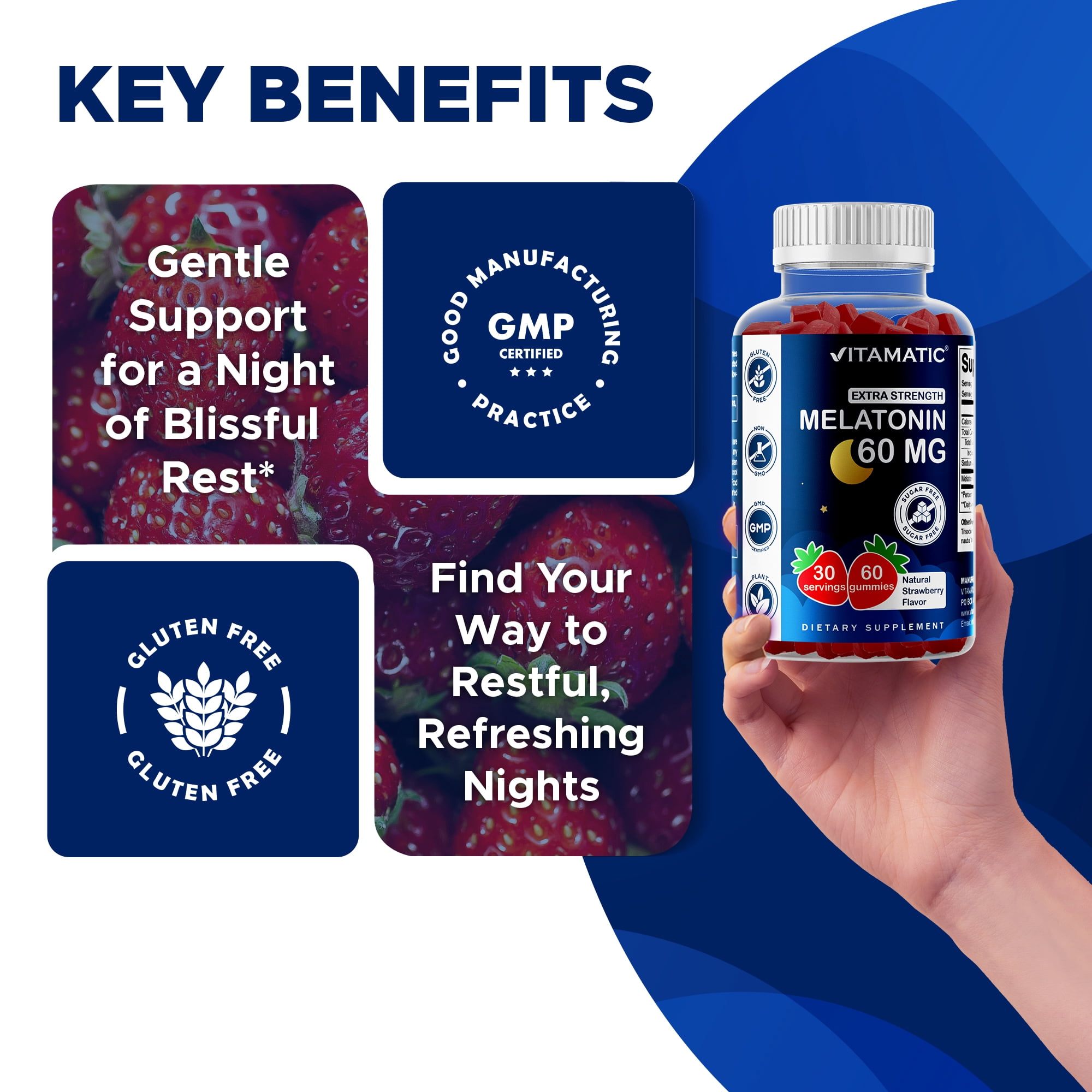 Vitamatic Sugar Free Melatonin 60mg - 60 Vegetarian Gummies - Non-Habit Forming Supplement - 2 Pack