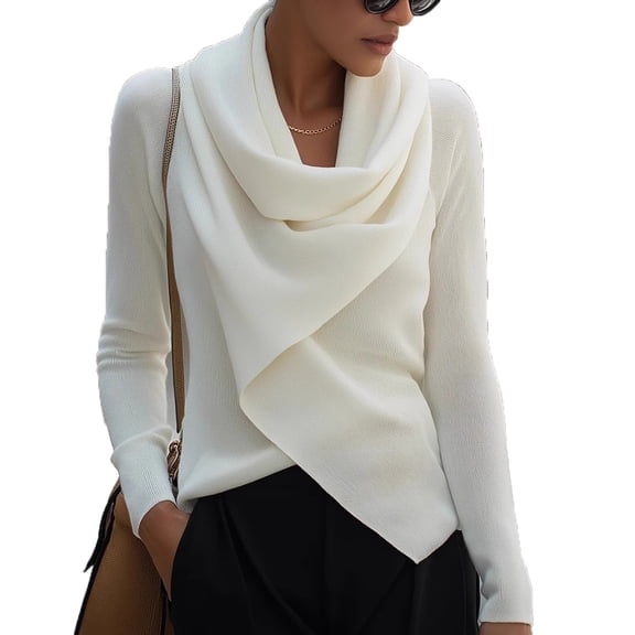 LWavelet Cowl Neck Knit Top Womens Plus Size Asymmetric Hem Soft Comfortable Daily Casual Long Sleeve Blouse Black S
