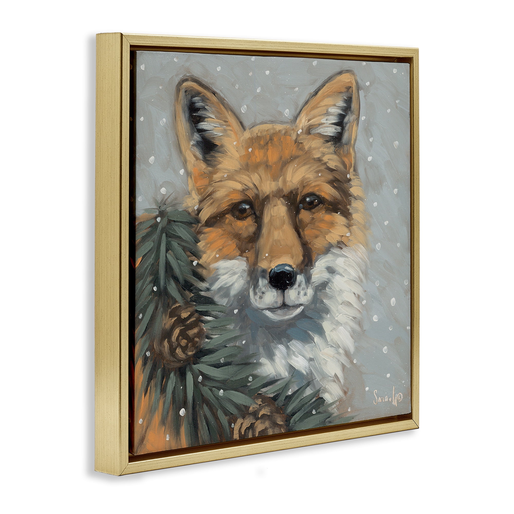 Stupell Industries Fox with Snowy Pinecones Holiday Painting Gold Floater Framed Canvas Art Prints Wall Art, 25 x 25