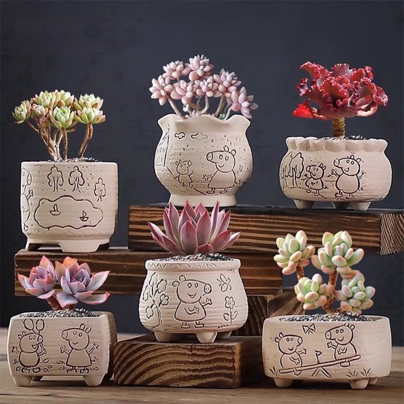 Set of 6 Mini Succulent Ceramic Pots in Farmhouse Style with Mixed Shapes