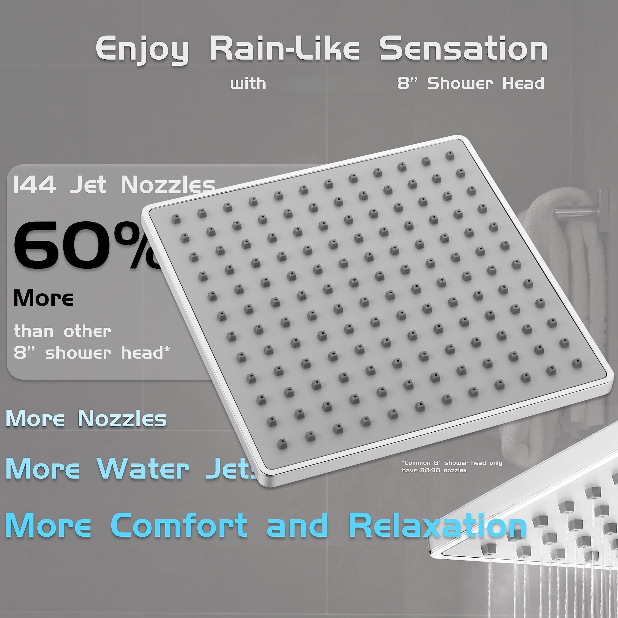 Rain Shower Head  8'' High Rainfall Square Showerhead With 11'' Extension Arm Brass Adjustable Extender Waterfall Fixed Showerheads Chrome