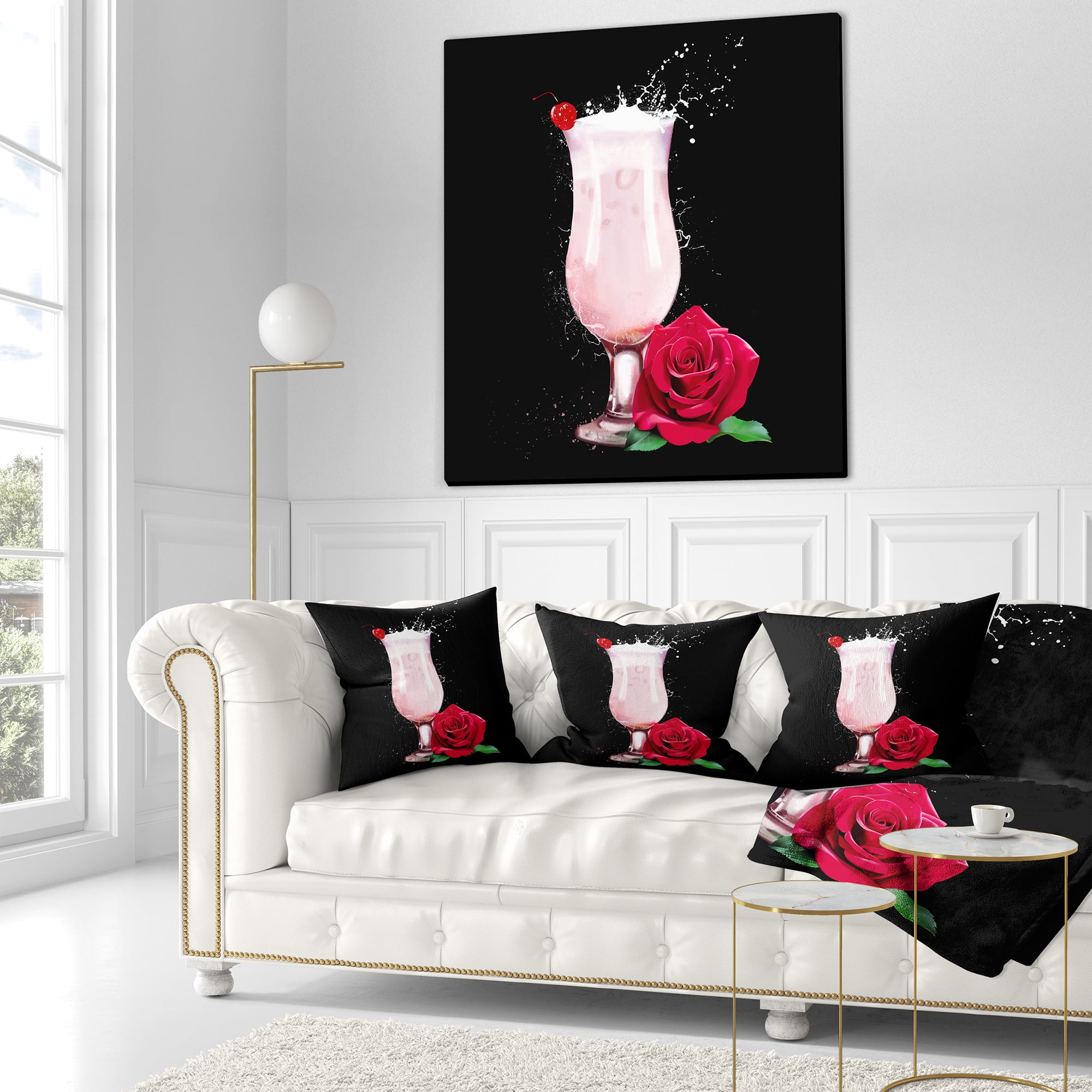 Designart Strawberry Cocktail and Red Rose - Floral Throw Pillow - 18x18