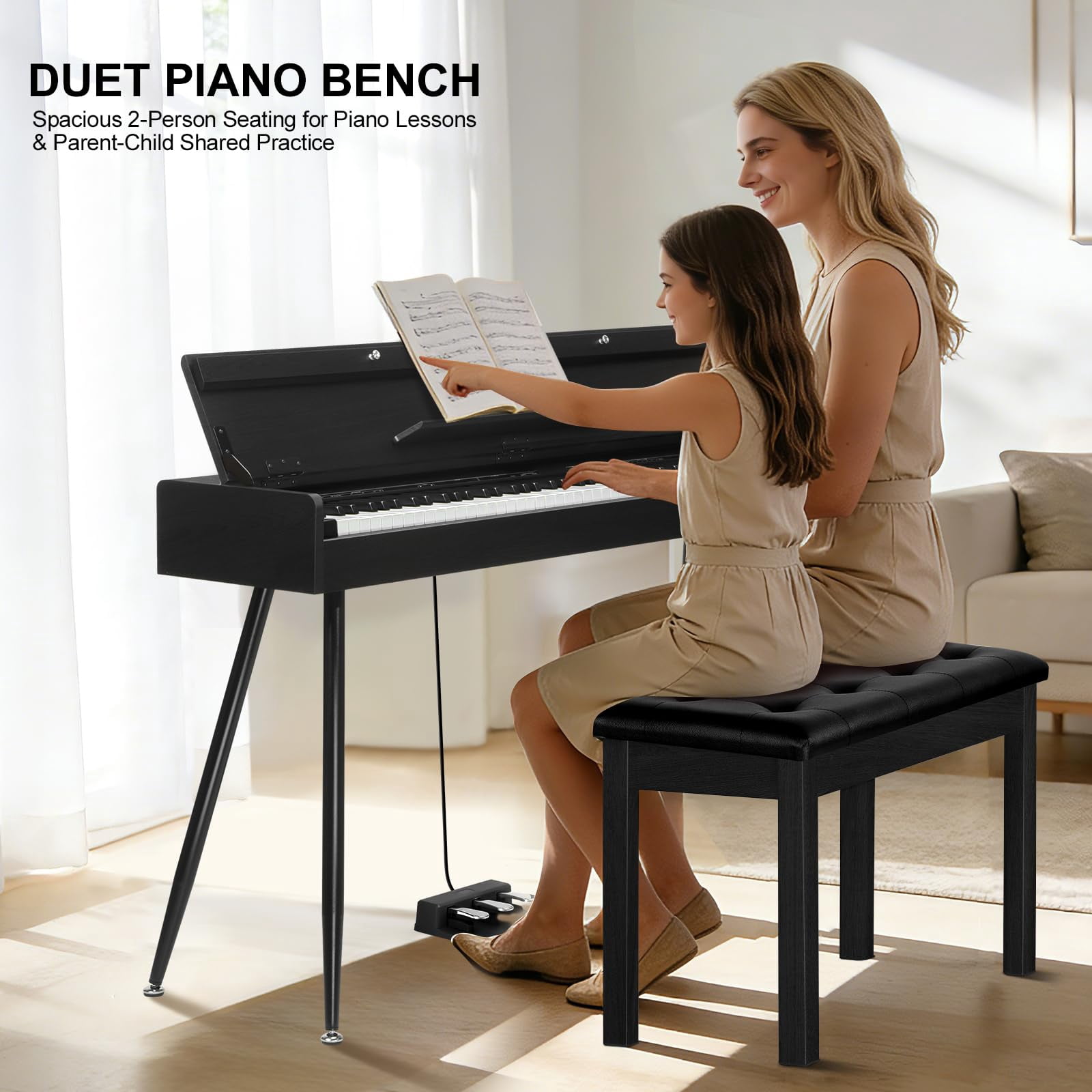Duet Piano Bench With Storage - Wooden Solid Wood  Tufted Padded Keyboard Stool & Chair Seat Vanity Double (black)