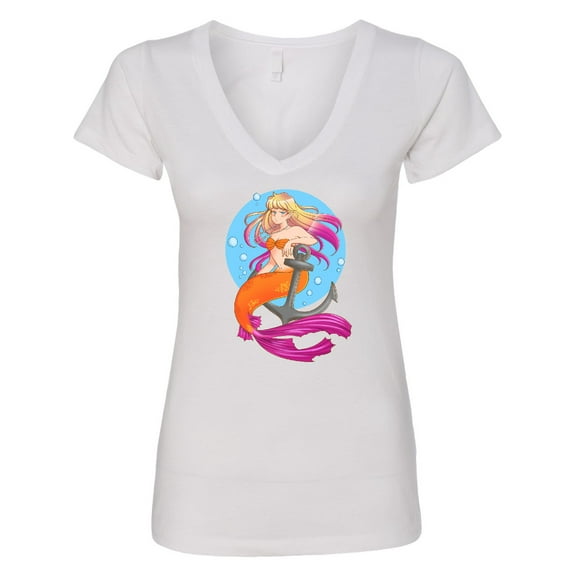 Inktastic Nautical Orange and Pink Mermaid Sitting on Anchor Women's V-Neck T-Shirt