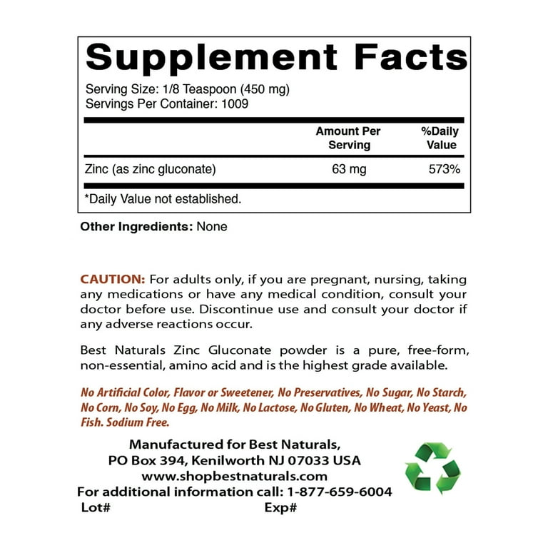 Best Naturals Zinc Gluconate Pure Powder 1 Pound supports immune health and  cell function - Walmart.com