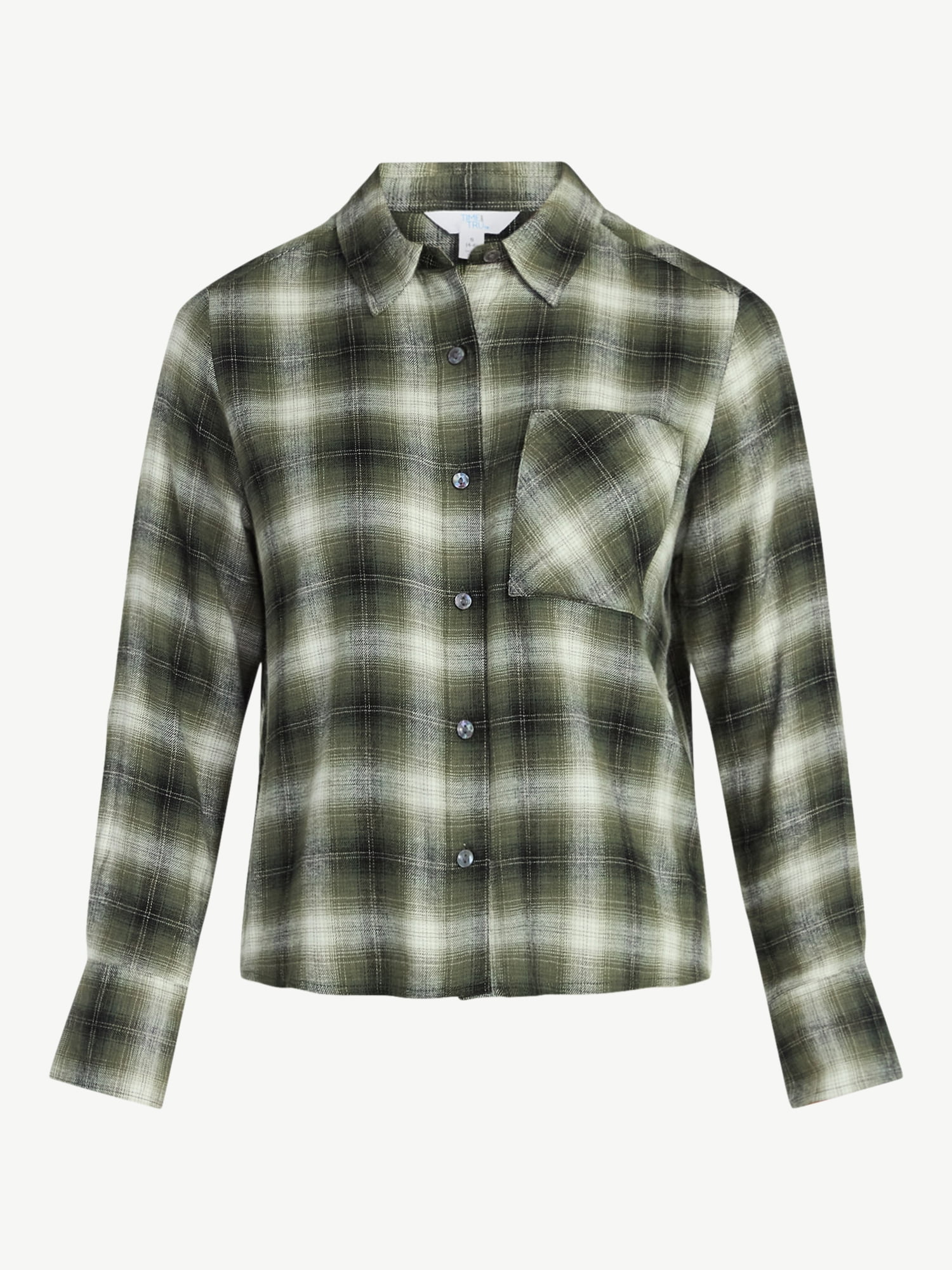 Time and Tru Women's Cropped Flannel Shirt with Long Sleeves, Sizes XS-XXXL