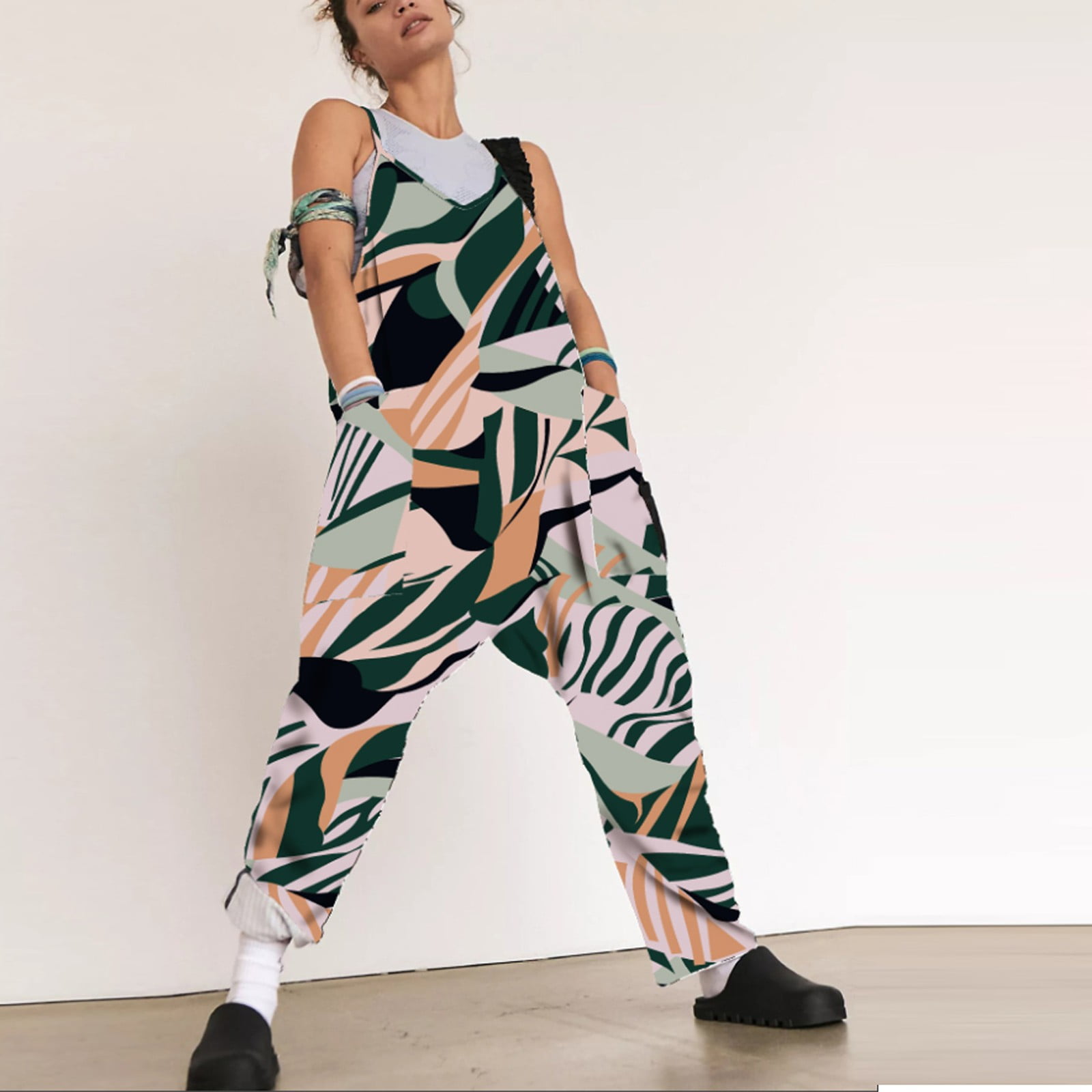 NILLLY Jumpsuits for Women Summer Straight Leg Trousers Printed Loose Size Jumpsuit Suspenders Summers Loose Fitted Beach Dark Green / M - Walmart.com