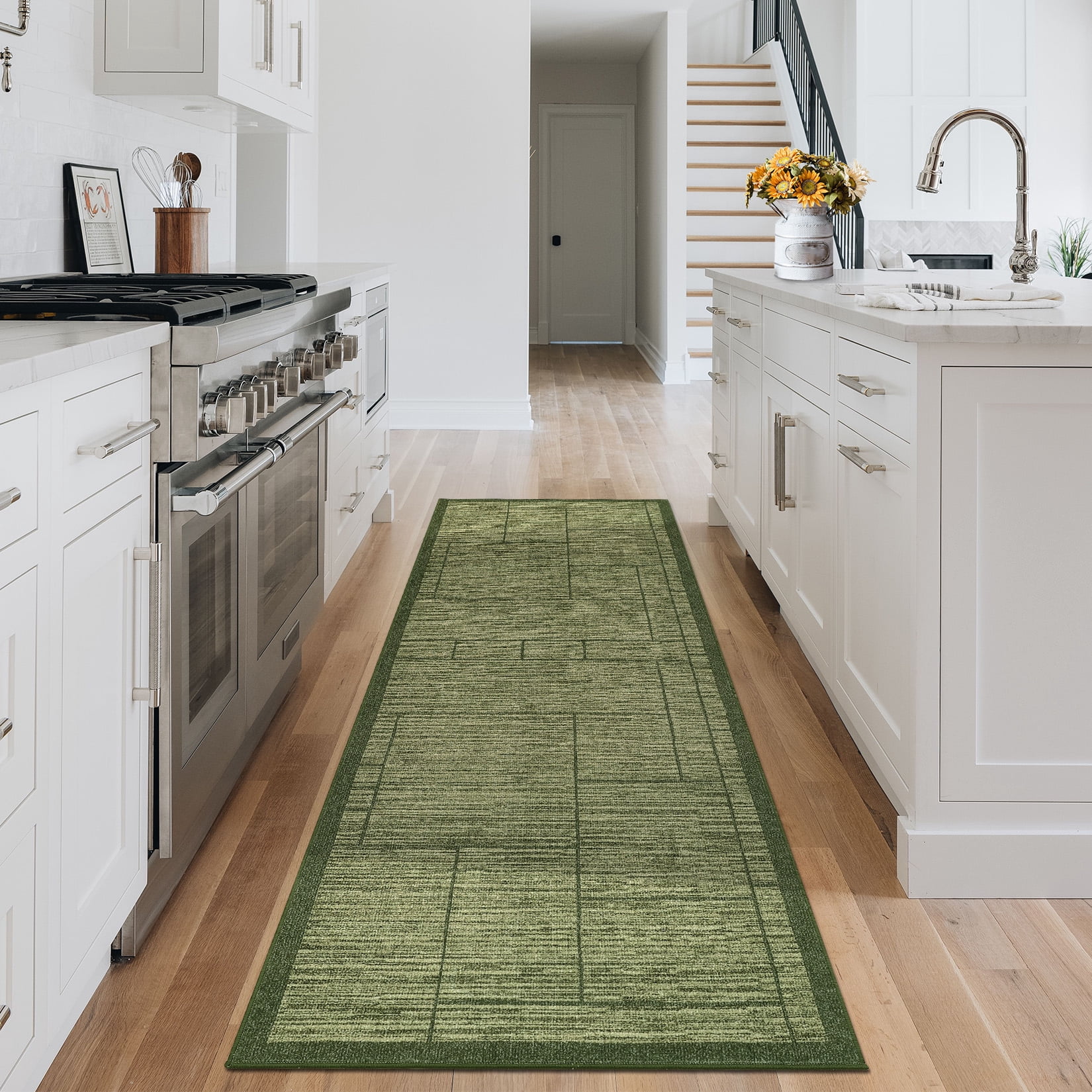 Garvee 2'x6' Modern Geometric Runner Rug Solid Rug, Washable Rug Non-Slip Low Pile Indoor Carpet for Hallway Bedroom Kitchen, Green