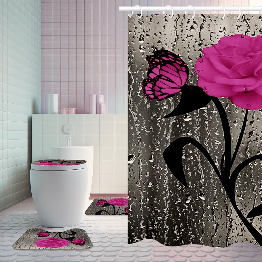 4 Pcs Bathroom Shower Curtain Set Pink Rose Shower Curtain Bathroom Sets Valentine's Day Shower Curtain Sets with Rugs(Bath Mat,U Shape and Toilet Lid Cover Mat) and 12 Hooks