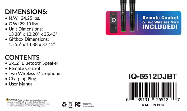 IQ Sound IQ-6512DJBT 2 X 12-inch Portable Bluetooth Speaker, w/TWS, LED Lights, 2 Wireless Mics, Guitar & Mic Inputs, US