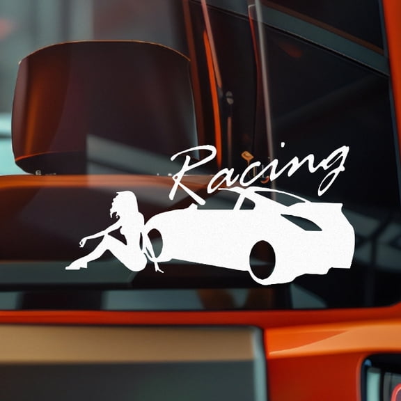 Racing girl with 350Z Vinyl Decal Sticker Bumper Window Laptop 8X4" White