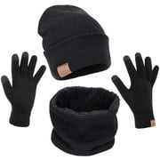 3Pcs Winter Beanie Hat Warm Scarf and Glove Set for Men and Women Black
