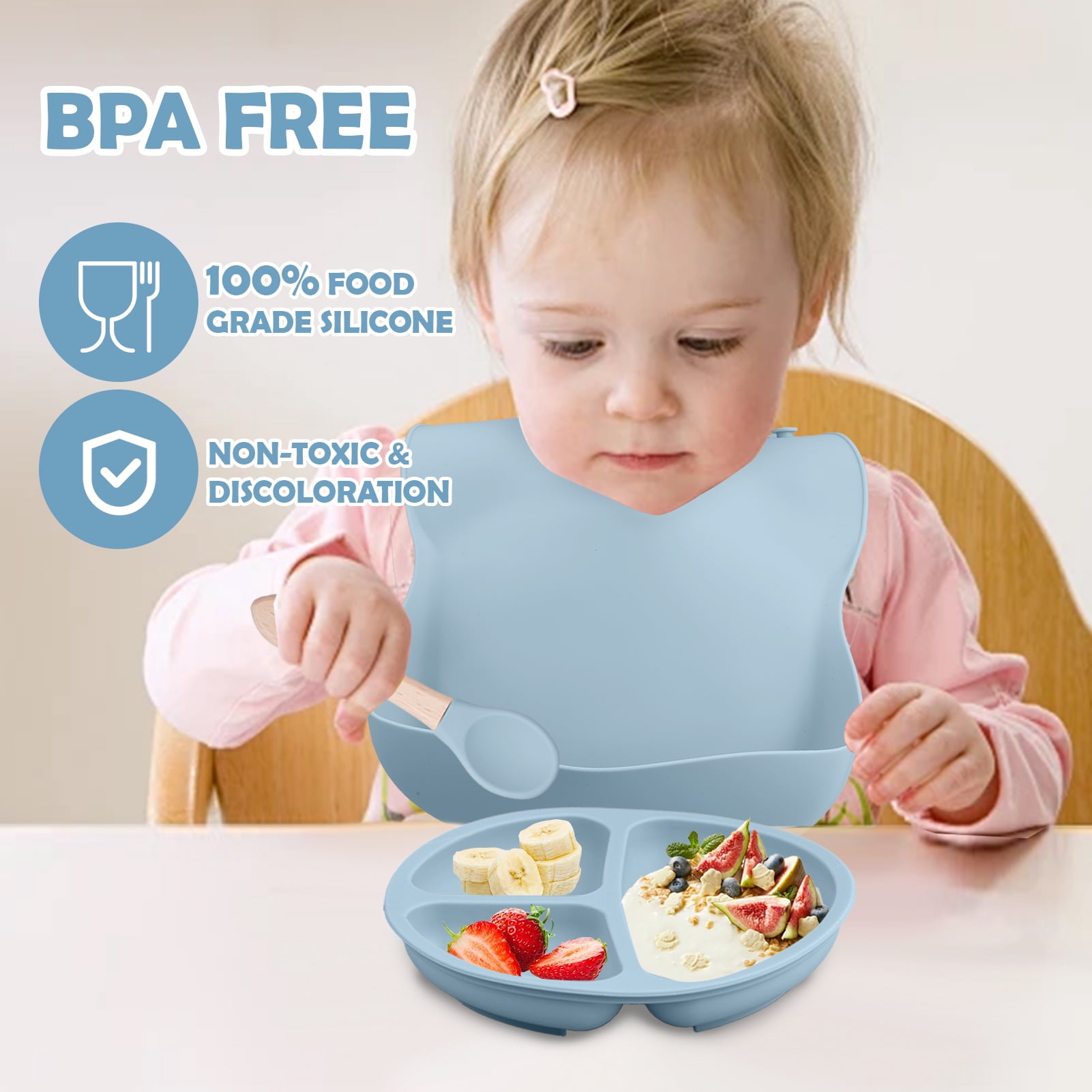 Lumikrypt 9 Pcs Silicone Baby Feeding Set, Baby Led Weaning Utensils, Baby Suction Bowl, Plates, Bib, Spoons Set, Sippy Cup with Straw, Baby Self Feeding Supplies Set(Grey blue)