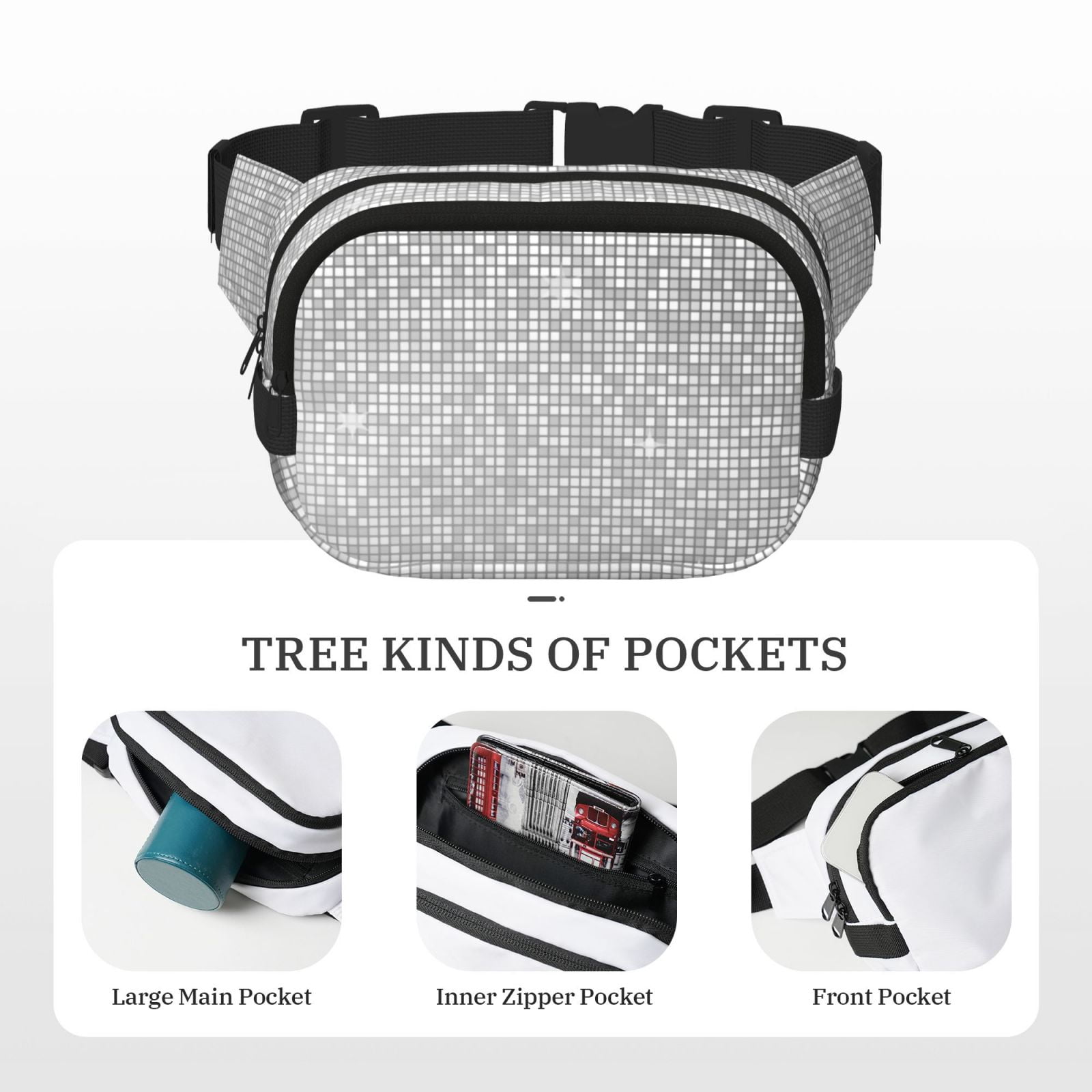 Picia Silver Mosaic Print Square Double-Layer Waist Bag Mini Adjustable Waist Belt Bag Exercise Running Travel Hiking