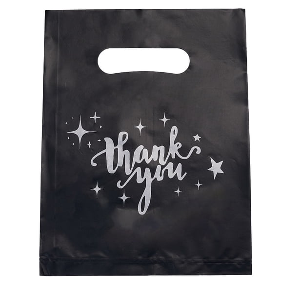 100Pcs 8 x 6 Inch Black Thank You Plastic Bags Party Treat Bags with Handles Rectangle Wrapping Word Goodie Gift Pouches for making