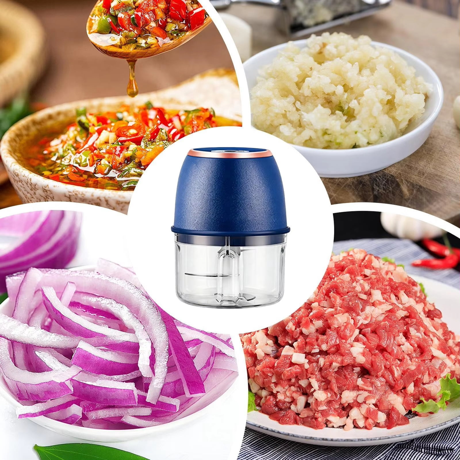 Electric Garlic Chopper, 4 Blades Electric Mini Food Processor, One-Touch Operation Garlic Mincer for Kitchen, Blue - 4 Blades, USB Rechargeable, Compact Size, Easy to Clean - for Home, Camping, Picn