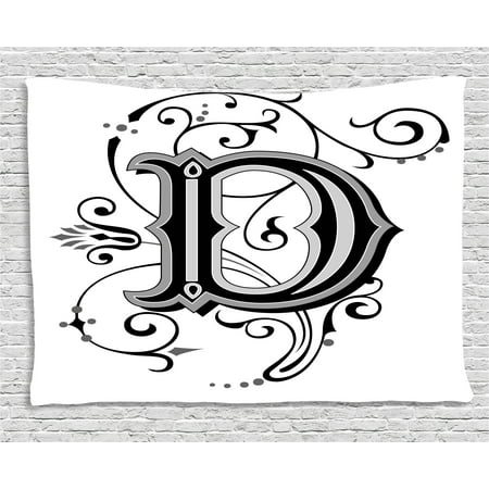 Initial D Wall Scroll Letter D Tapestry, Initial Letter from Medieval Scrolls Capital D Symbol Medieval Design Print, Wall Hanging for Bedroom Living Room Dorm Decor, 60W X 40L Inches, Black Grey White, by Ambesonne ()