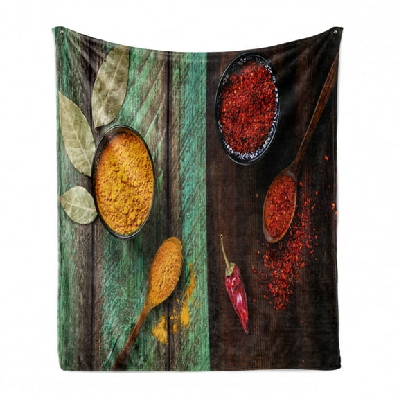 Spice Soft Flannel Fleece Throw Blanket, Illustration of Bowls and Spoons Arranged Traditional Cultural Vibes Scented, Cozy Plush for Indoor and Outdoor Use, 50" x 60", Multicolor, by Ambesonne