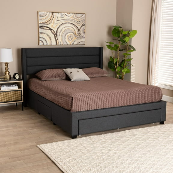 Baxton Studio Braylon Mid-Century Modern Transitional Charcoal Grey Fabric and Dark Brown Finished Wood Full Size 3-Drawer Storage Platform Bed