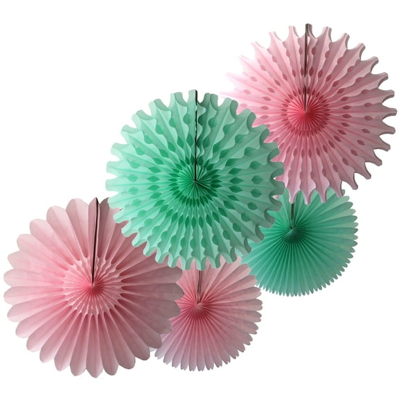 Devra Party Mint and Pink Large Tissue Paper Fan Decorations, 13 and 18 Inches (5 Piece)