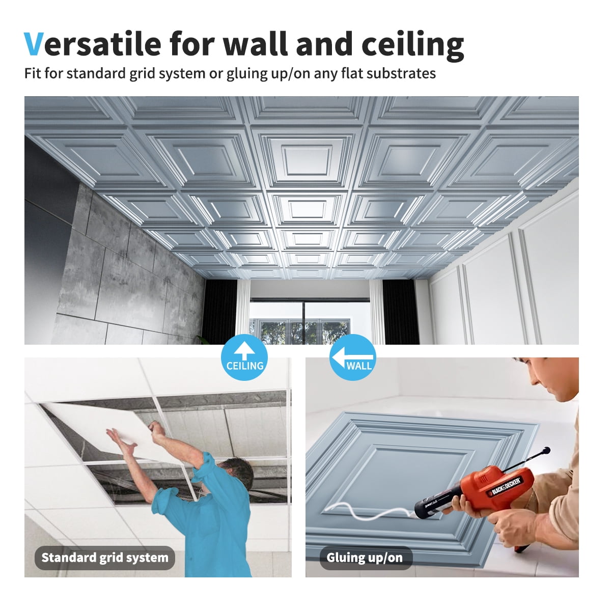 Matt Gray PVC Decorative Ceiling Tile for Drop in Grid System(12 Tiles)