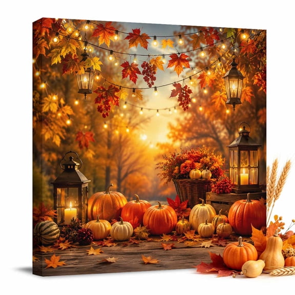 Thanksgiving Canvas Wall Art, Fall Porch Terracotta Orange Amber Pumpkin Maple Leaf Framed Wall Decor Modern Artwork Prints Painting for Living Room, Bedroom, Kitchen & Cafe Decor 12x12 Inch
