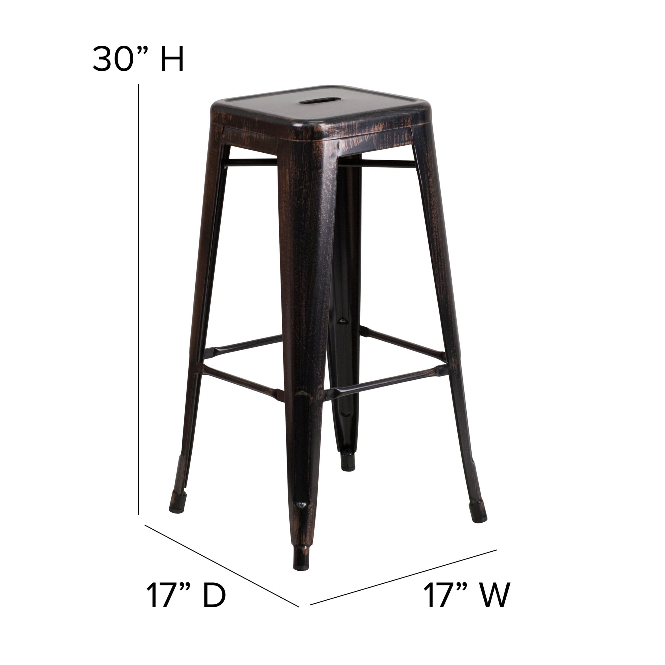 Merrick Lane Black-Antique Gold 30" High Backless Metal Bar Height Stool with Square Seat for Indoor-Outdoor Use