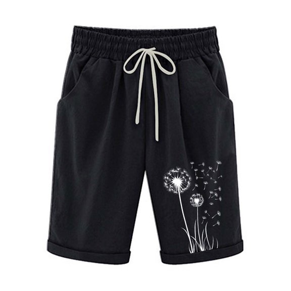 Htigea Summer Knee Length Shorts for Women Cotton Linen Bermuda Shorts Drawstring Elastic Waist Casual Beach Shorts Black S