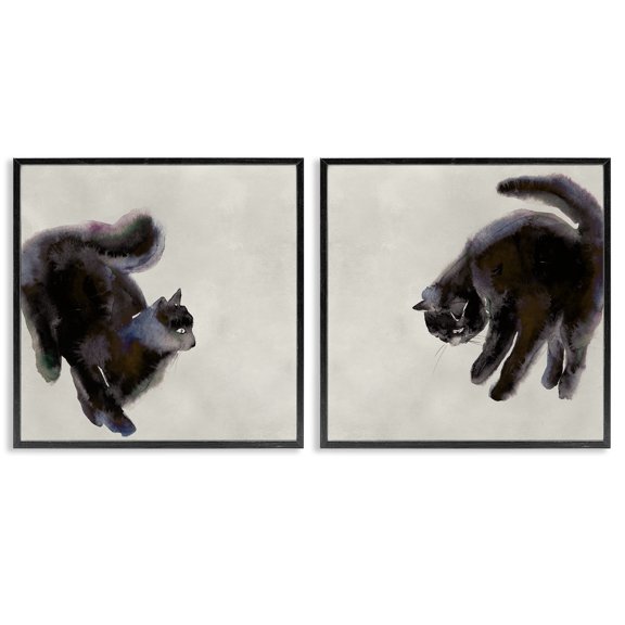 Stupell Industries Fuzzy Black Cats on Beige Animals Painting Black Framed Art Print Wall Art, 12 x 12, Set of 2