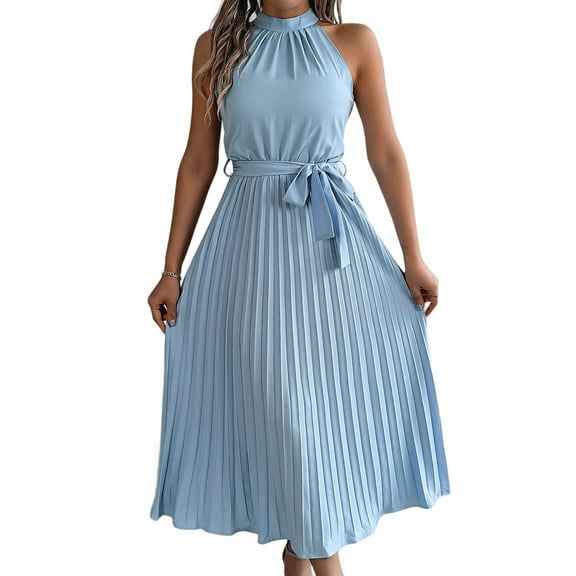 Women'S 2025 Summer Sleeveless Halter Neck Pleated Midi Cocktail Dresses A Line Flowy Beach Sun Dress Light Blue M