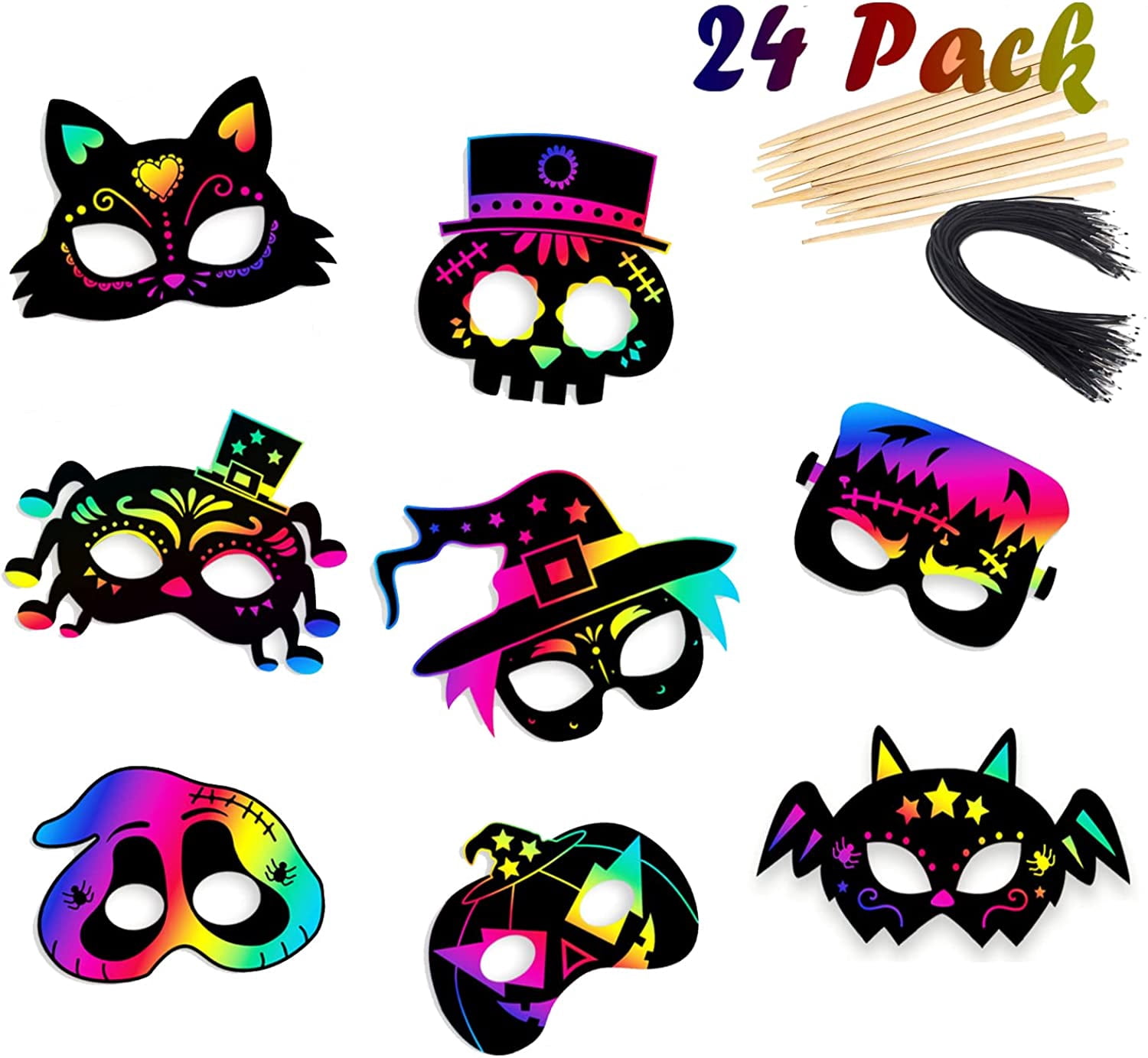 24PCS Scratch Paper Halloween Masks Skeleton Cat Witch Pumpkin Bat Spider Masks DIY Scratch Art Kit for Kids Party Decor Gift