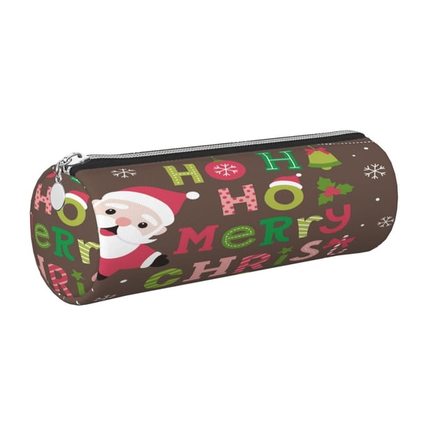 Easygdp Ho Ho Ho Merry Christmas para Estuche de Lápices Cilíndrico de Cuero con Cremallera, Organizador de Lápices de Cuero para Escuela, Oficina y Viajes