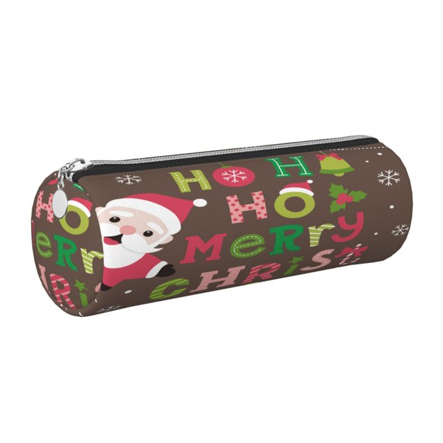 Easygdp Ho Ho Ho Merry Christmas para Estuche de Lápices Cilíndrico de Cuero con Cremallera, Organizador de Lápices de Cuero para Escuela, Oficina y Viajes