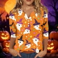 thumbnail image 2 of Shirts for Women Halloween Funny 3/4 Sleeve Pullover Spooky Ghost Witch Hat Printed Tops Horror Button V Neck T Shirts Holiday Three Quarter Length Blouses, S, 2 of 5