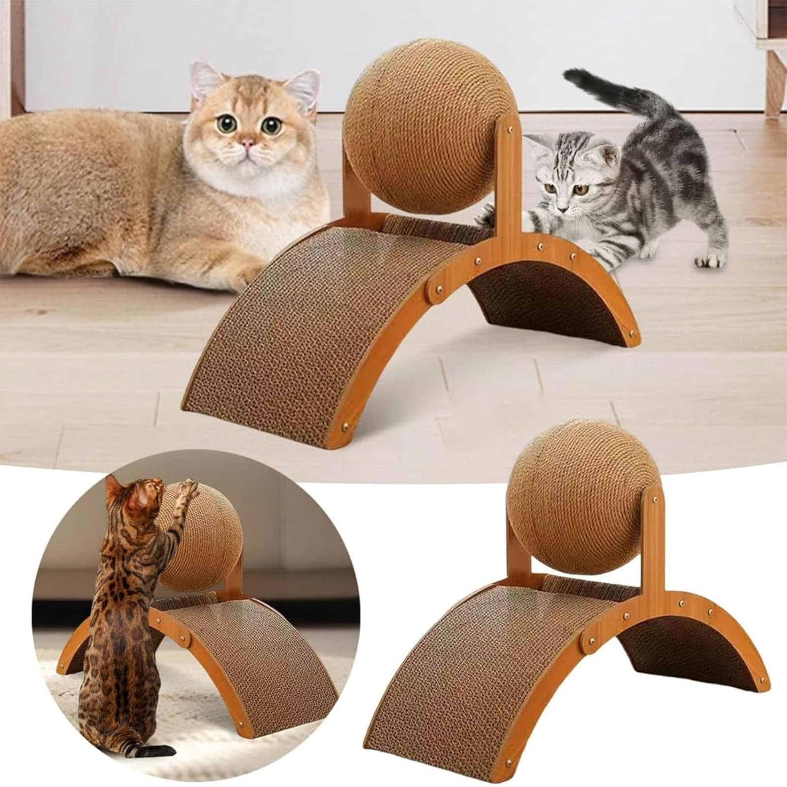 Cat Scratching Ball on Stand, Solid Wood Slanted Cat Scratching Board Design, with 360° Rotating Natural Sisal Ball, 2-in-1 Interactive Cat Scratcher Toy, for Indoor Cat Kittens