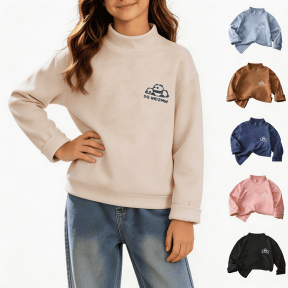 Nugftut Girls Thermal Tops Soft Lightweight Fleece Warm Thermal Tops Mock Neck Long Sleeve Pullover with Chest Graphic Print
