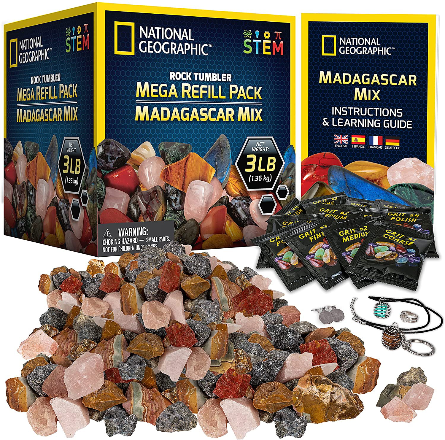3 lb of Gemstones Including Rose Quartz & More Mega Madagascar Gemstone Pack NATIONAL GEOGRAPHIC Rock Tumbler Refill Jasper Labradorite Tumbler Grit & Jewelry Settings