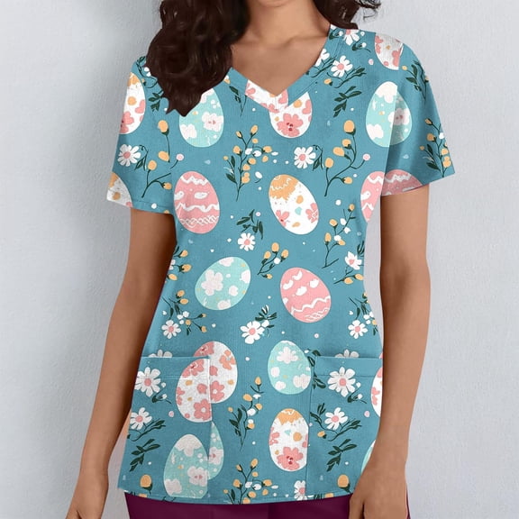 Kctiaxy Scrub Tops Women Colorful Eggs Print Graphic Easter Tshirts for Women V-neck Short Sleeve Tops for Women with Pockets