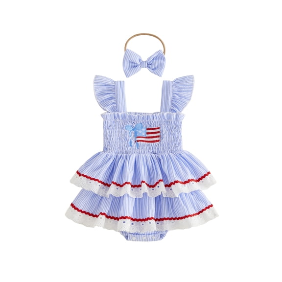 Newborn Baby Girl 4th of July Outfit Letter Flag Pattern Lace Trim Striped Layered Fly Sleeve Romper Dress Headband Set Infant Summer Clothes