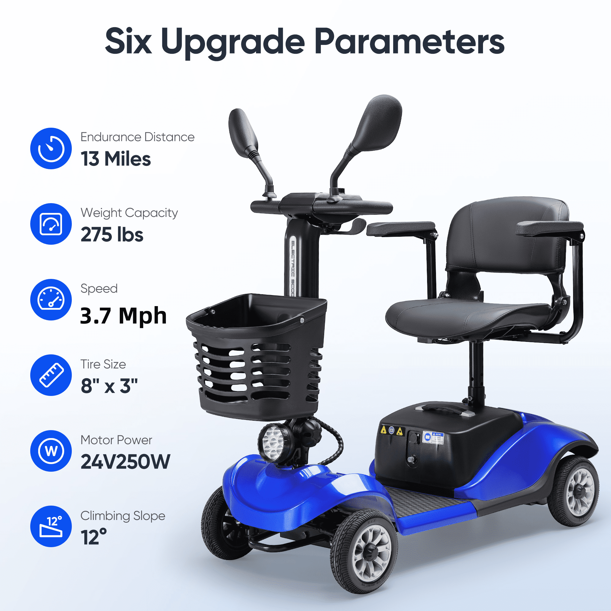 Morrean 4 Wheels Folding Travel Mobility Scooter for Senior, Electirc Wheelchair with Basket for Adults, Blue