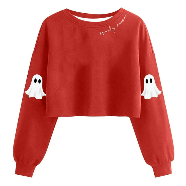 Lcziwo Chandail Court d'Halloween pour Femmes, Haut Graphique de Fantôme Mignon, Manches Longues Lanterne, Col Rond, Chandail de Saison Effrayante, Mode d'Automne, Chandail à Enfiler Rouge, G